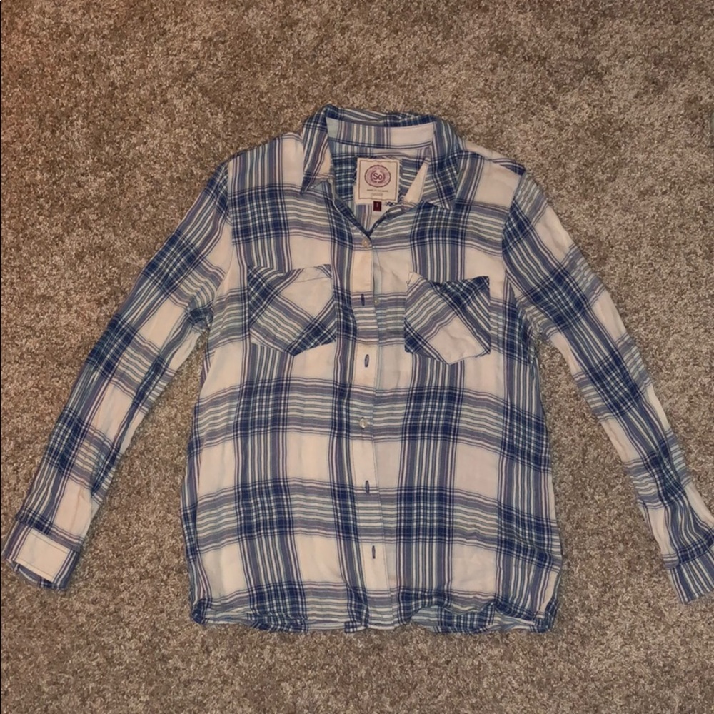 Navy, blue, and white button down flannel